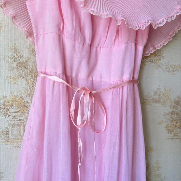 Vintage 70s Sears Pink Prairie Dress Womens XS Pleated Ruffle Coquette Romantic - Picture 7 of 8